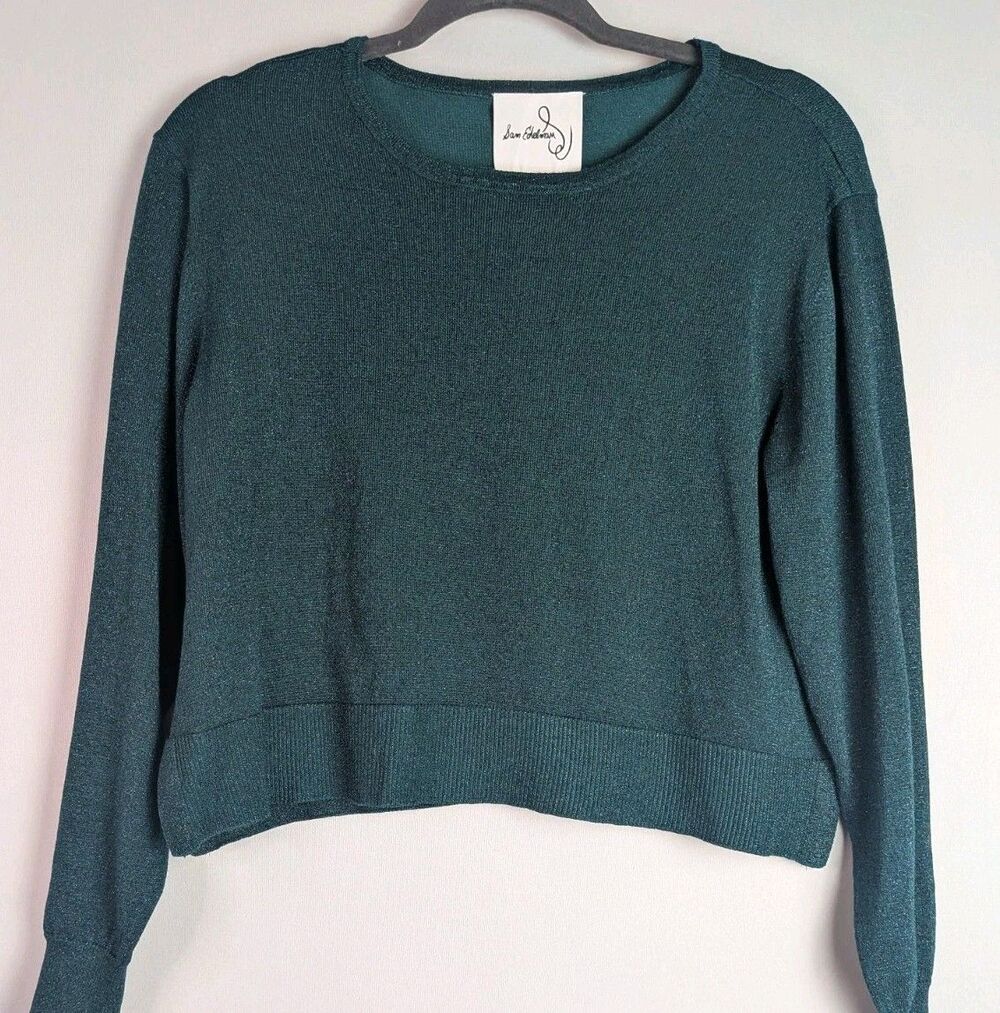 Sam Edelman Sweater Women's 6 Green Shimmer Cropped Comfort Knit Long Sleeve M